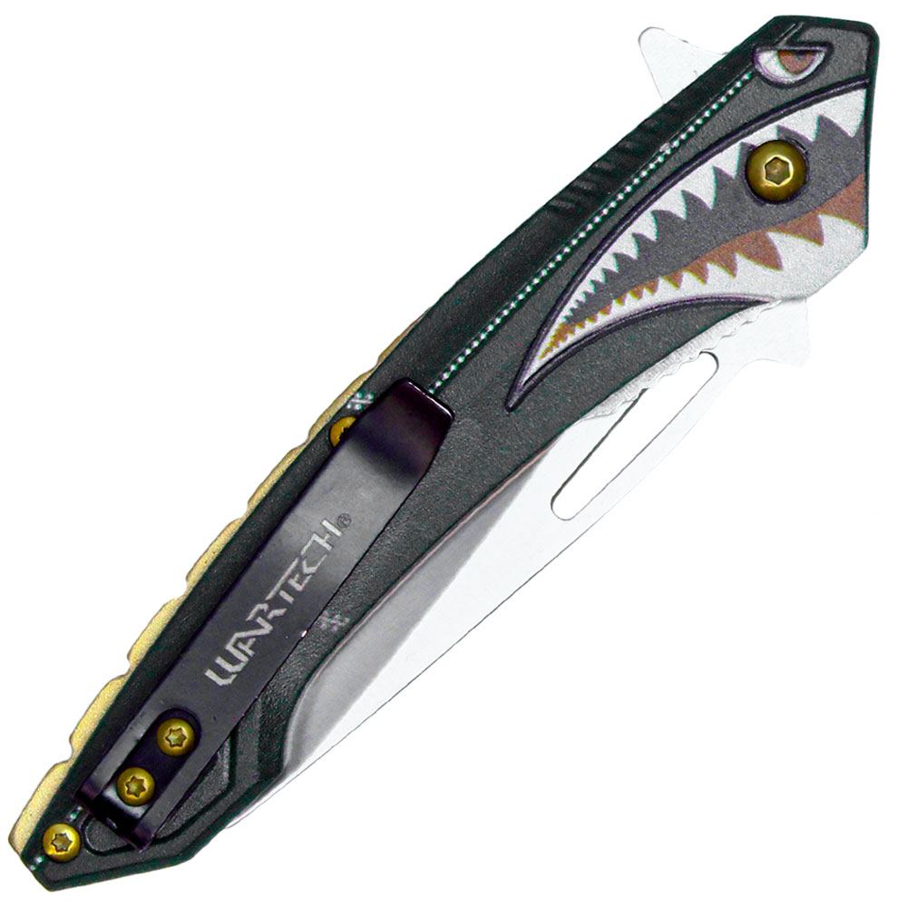 Assisted Open Folding Pocket Knife Green with Flying Shark Design view 4
